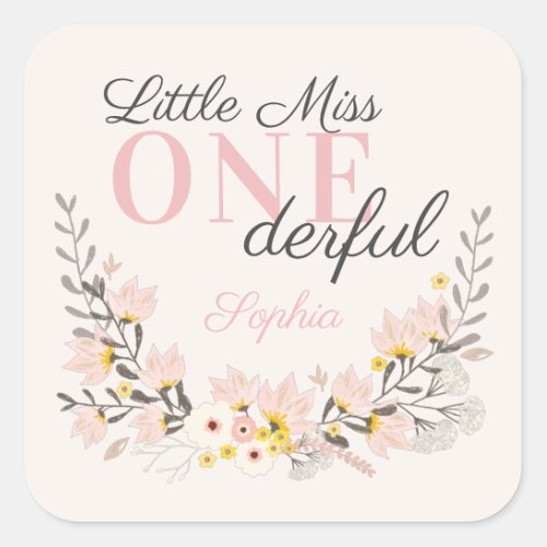 First Birthday little miss one_derful floral favor Square Sticker