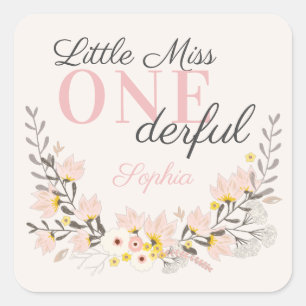 First Birthday little miss one-derful floral favor Square Sticker