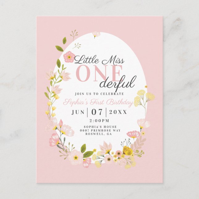 First Birthday little miss one-derful Invitation Postcard (Front)