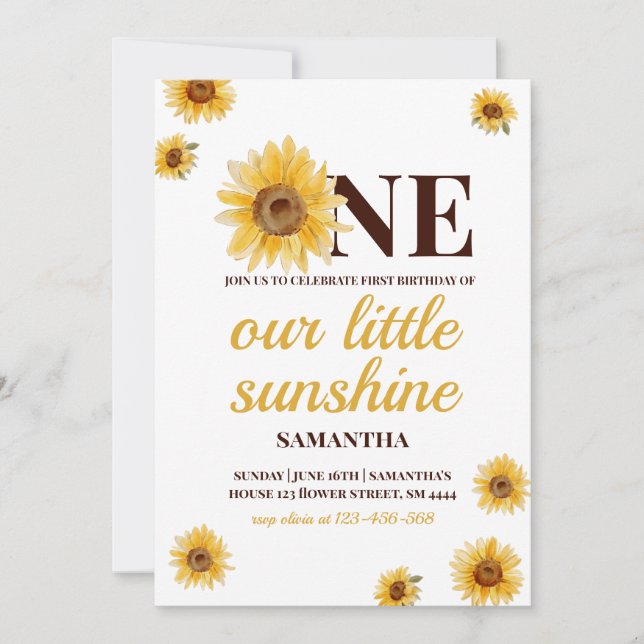 First Birthday Little Sunshine Sunflower Custom Invitation (Front)