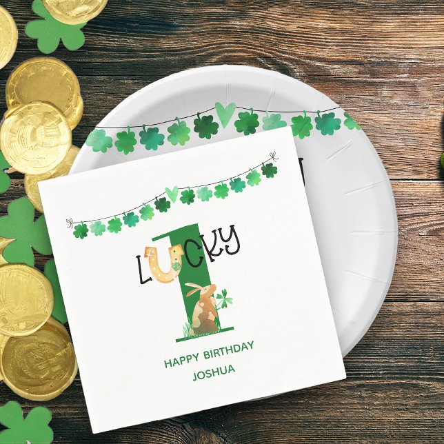 First Birthday Lucky One Shamrock Bunting & Rabbit Napkins (Lucky One First Birthday Party Personalized Napkins)