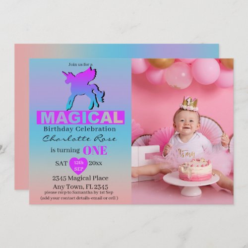 First Birthday Magical Unicorn Pink Blue Invitation