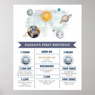 First Birthday Milestones Outer Space Galaxy Poster