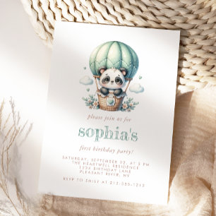 First Birthday Mint Green Watercolor Panda Balloon Invitation