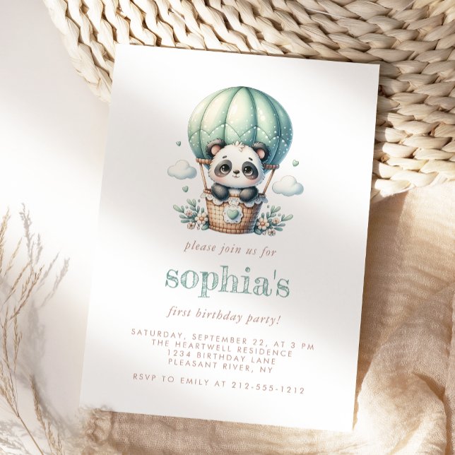 First Birthday Mint Green Watercolor Panda Balloon Invitation (Creator Uploaded)
