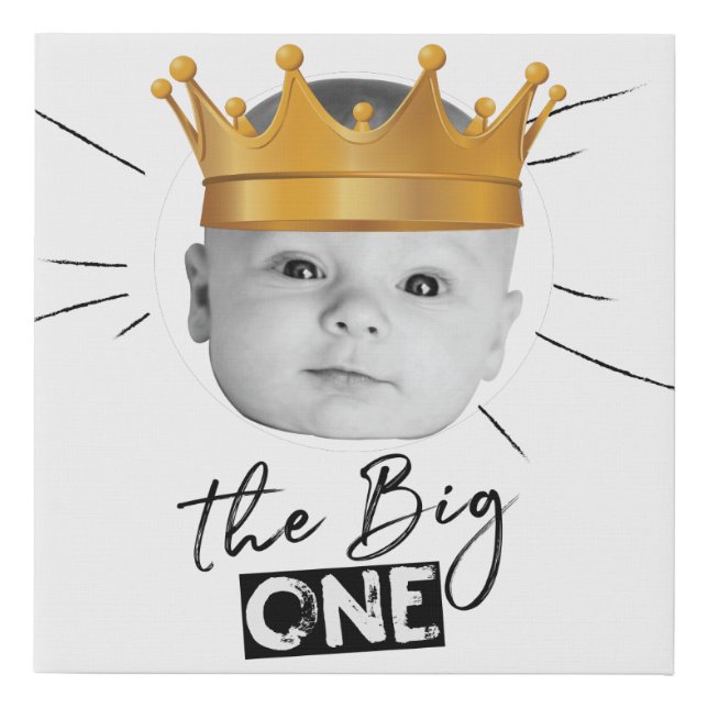 First Birthday Modern Black White Photo Faux Canvas Print (Front)