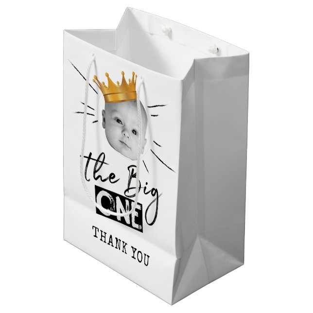 First Birthday Modern Photo Black White Thank you Medium Gift Bag (Front Angled)