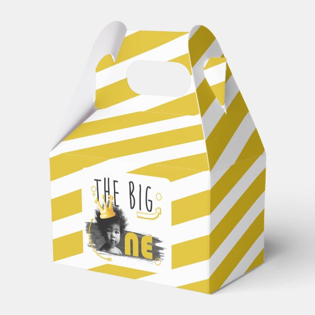 First Birthday Modern Photo Black White Yellow Favor Boxes (Front Side)