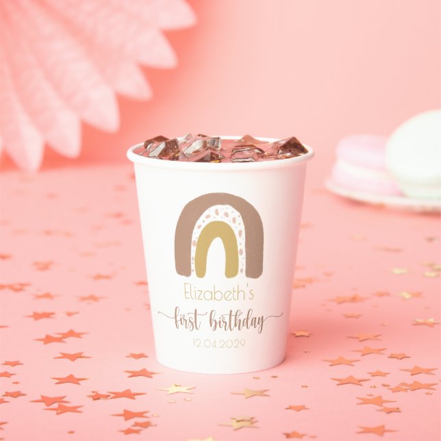 First Birthday Modern Pink Gold Rainbow Paper Cups (Insitu)