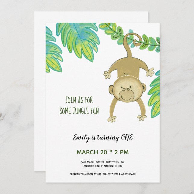First Birthday Monkey Jungle animals Invitation (Front/Back)