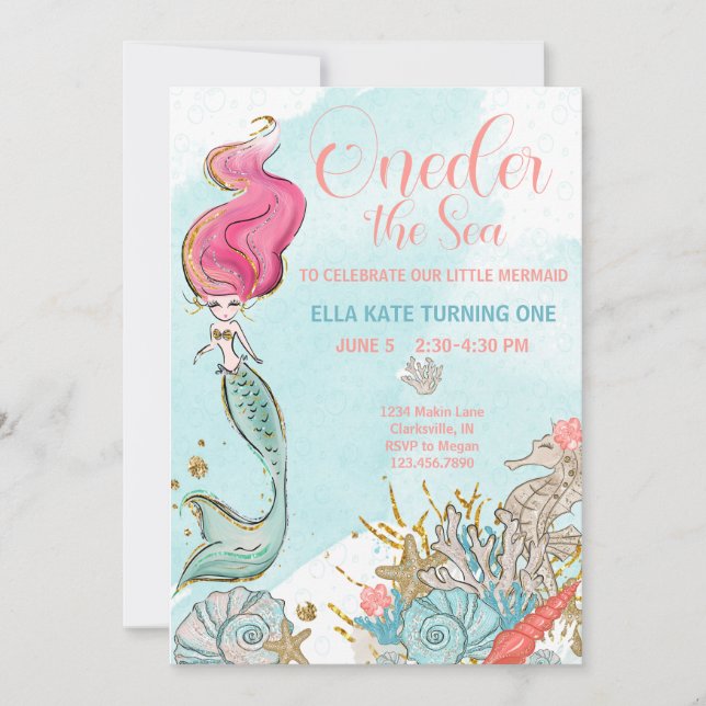 First Birthday ONEder the Sea Mermaid Birthday Invitation (Front)