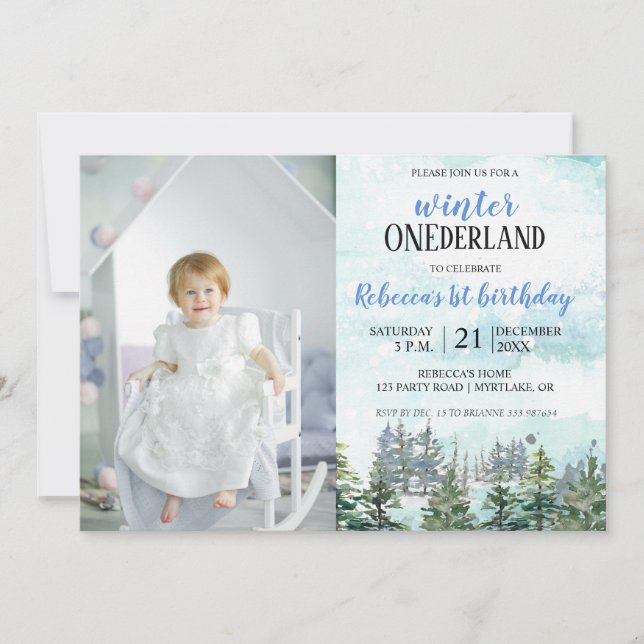 First birthday ONEderland winter forest invitation (Front)