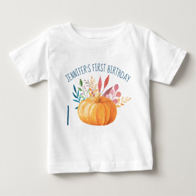 First Birthday Orange Pumpkin Illustration Baby T-Shirt (Front)