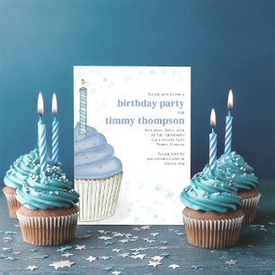 First Birthday Party Blue Cupcake Invitation
