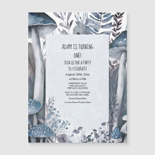 First Birthday Party Blue Mushrooms Boho Woodlands Magnetic Invitation