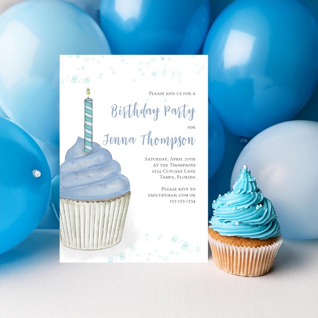 First Birthday Party Cute Blue Boy Cupcake Invitation (Cute birthday party invitation with blue watercolor cupcake. )