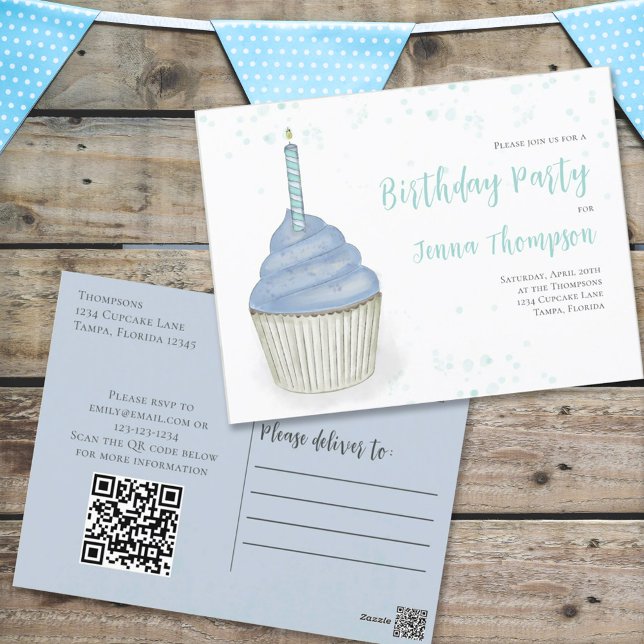 First Birthday Party Cute Cupcake Custom Postcard (Creator Uploaded)