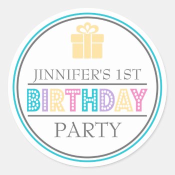 First Birthday Party Favor Sticker by WindyCityStationery at Zazzle