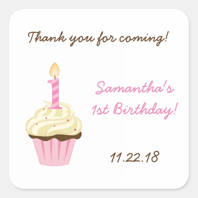 First birthday party favor stickers / pink cupcake (Front)