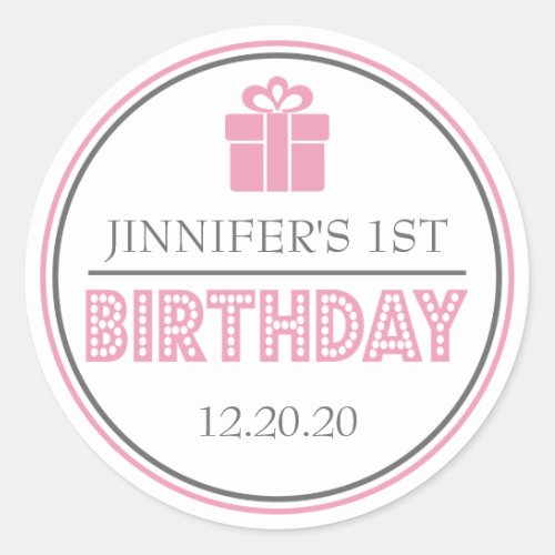 First Birthday Party Favor Stickers Pink  Gray