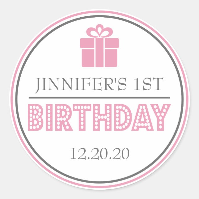 First Birthday Party Favor Stickers (Pink / Gray) (Front)