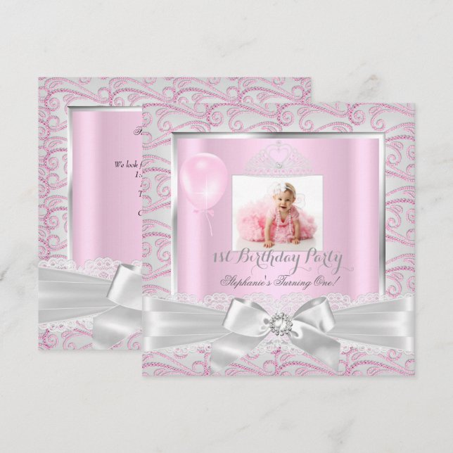 First Birthday Party Girls Pink Diamonds Tiara 2 Invitation (Front/Back)