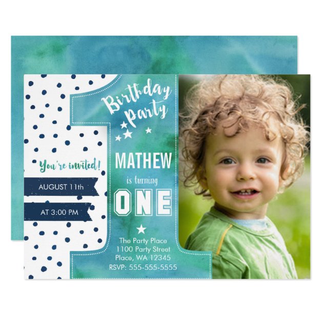 First Birthday Party Invitation Boy Watercolor