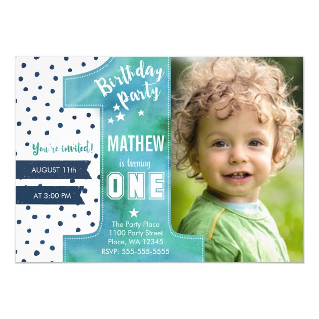 First Birthday Party Invitation Boy Watercolor