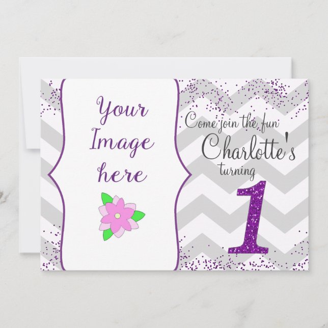 First Birthday Party Invitation Girl Glitter (Front)