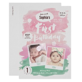 First Birthday Party Invitation Girl Watercolor