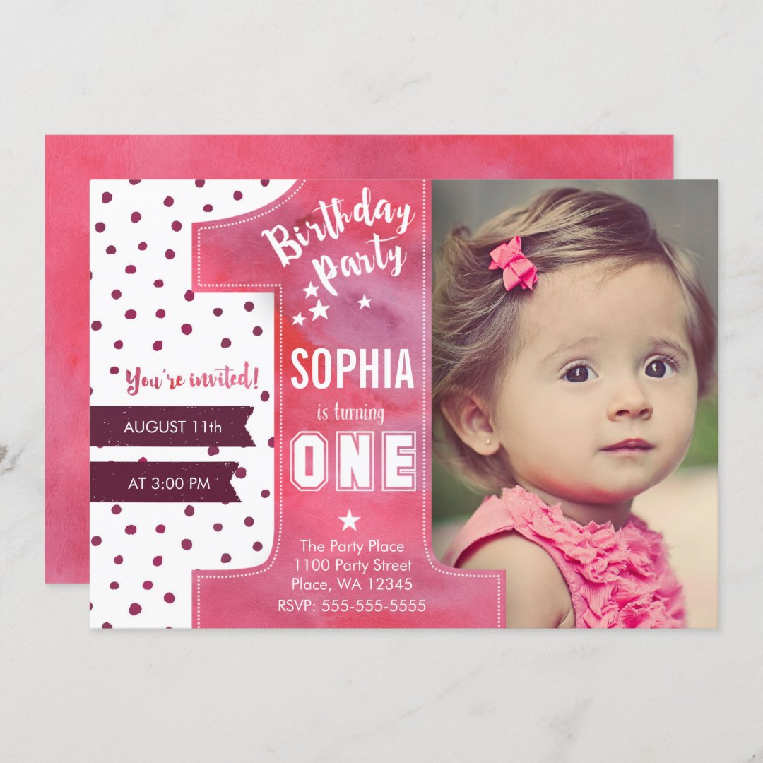 First Birthday Party Invitation Girl Watercolor | Zazzle