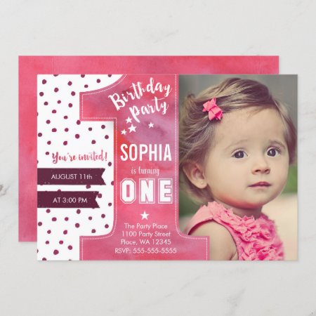 First Birthday Party Invitation Girl Watercolor