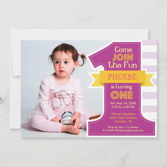 First Birthday Party Invitation Purple Girl (Front)