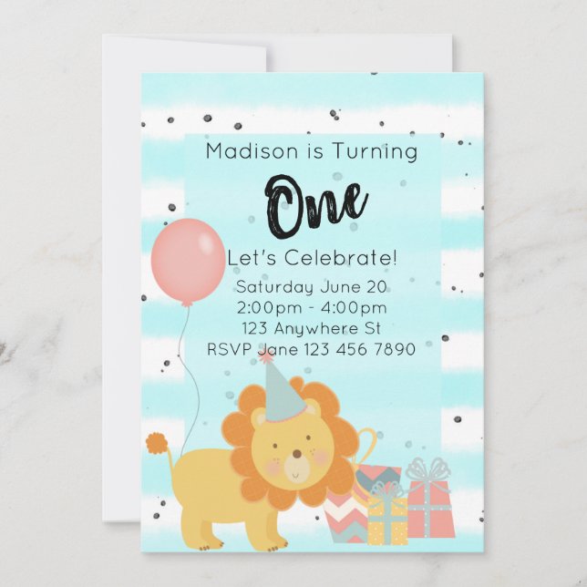 First Birthday Party Invitation - Teal Lion (Front)