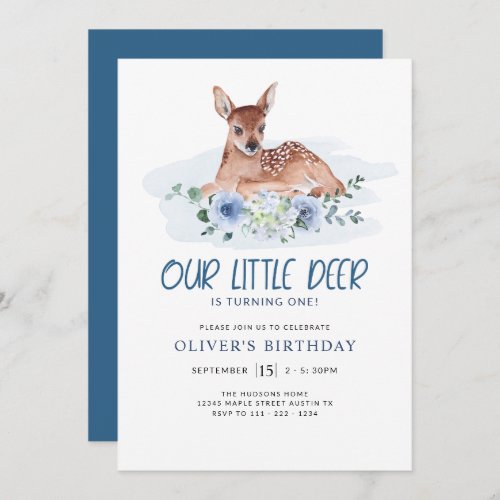 First Birthday Party Little Deer Blue Floral Invit Invitation