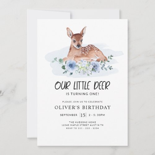 First Birthday Party Little Deer Blue Floral Invitation