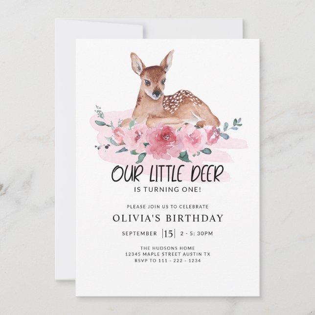 First Birthday Party Little Deer Pink Floral Invitation (Front)