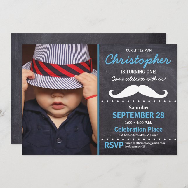 First birthday party, Mustache theme, photo Invitation (Front/Back)