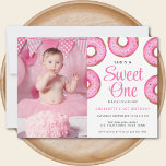 First Birthday Party Photo Sweet One Donut Invitation<br><div class="desc">Invite family and friends to your baby girl's first birthday party with this cute 1st Birthday Invitation. It is decorated with pink watercolor donuts and says "She's a Sweet One"
Easily customizable with your photo and details.
Original Watercolor © Michele Davies.</div>