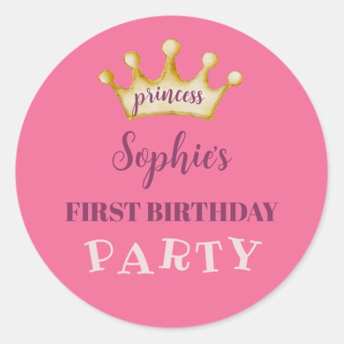 First Birthday Party Pink  Gold Princess  Classic Round Sticker