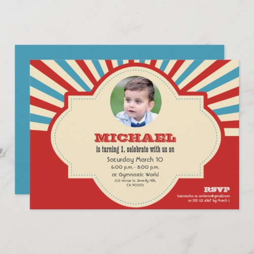 First Birthday Party Red blue Circus Photo Invitation