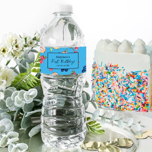 First Birthday Party Sweet One Blue Mixed Fruit Water Bottle Label