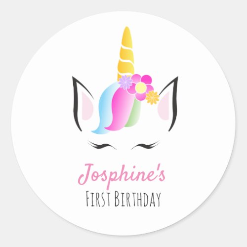 First birthday Party Unicorn face Illustration Classic Round Sticker