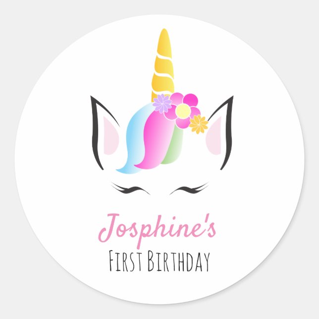 First birthday Party Unicorn face Illustration Classic Round Sticker (Front)