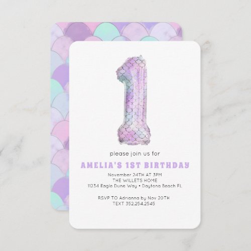 First Birthday Pastel Mermaid Foil Balloon Invitation