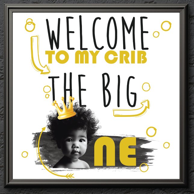 First Birthday Photo Black White Yellow Welcome Poster (Creator Uploaded)