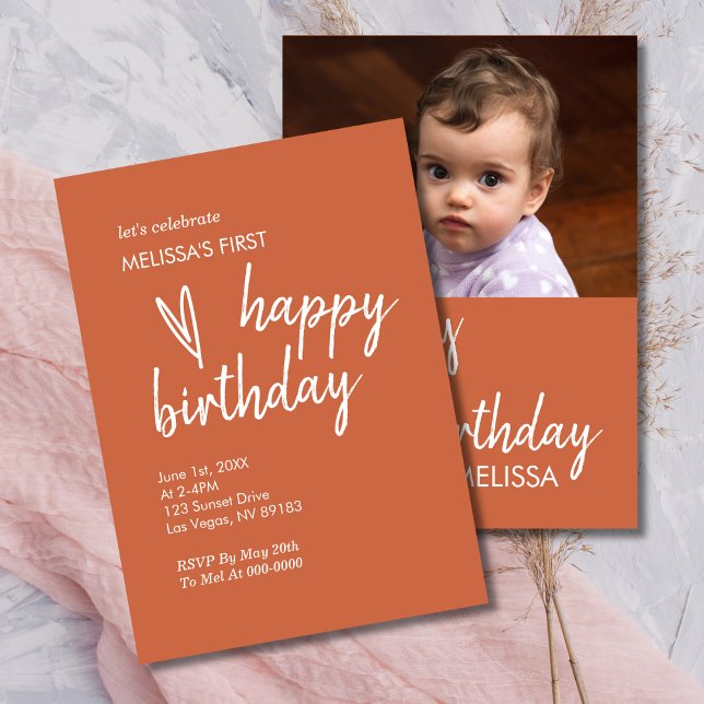 First Birthday Photo Boho Heart Terracotta Invitation (Creator Uploaded)