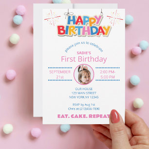 First Birthday Photo Girly Cute Colorful Simple  Invitation