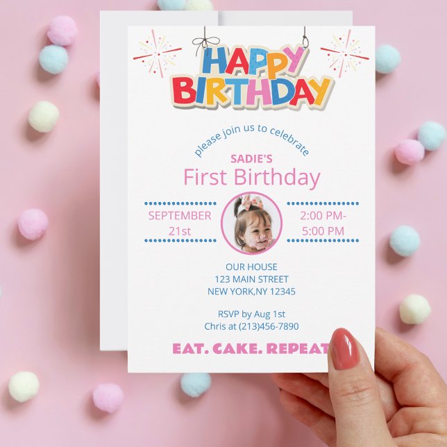 First Birthday Photo Girly Cute Colorful Simple  Invitation (Creator Uploaded)