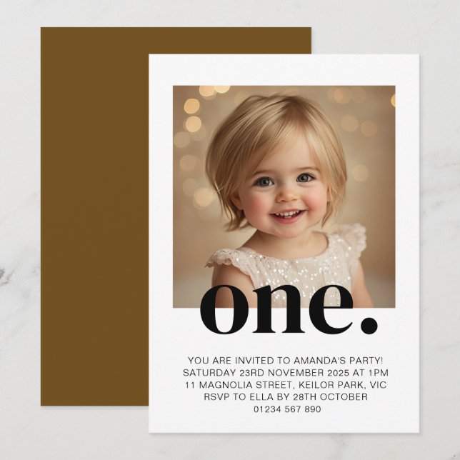 First Birthday Photo Invitation in Brown & White (Front/Back)